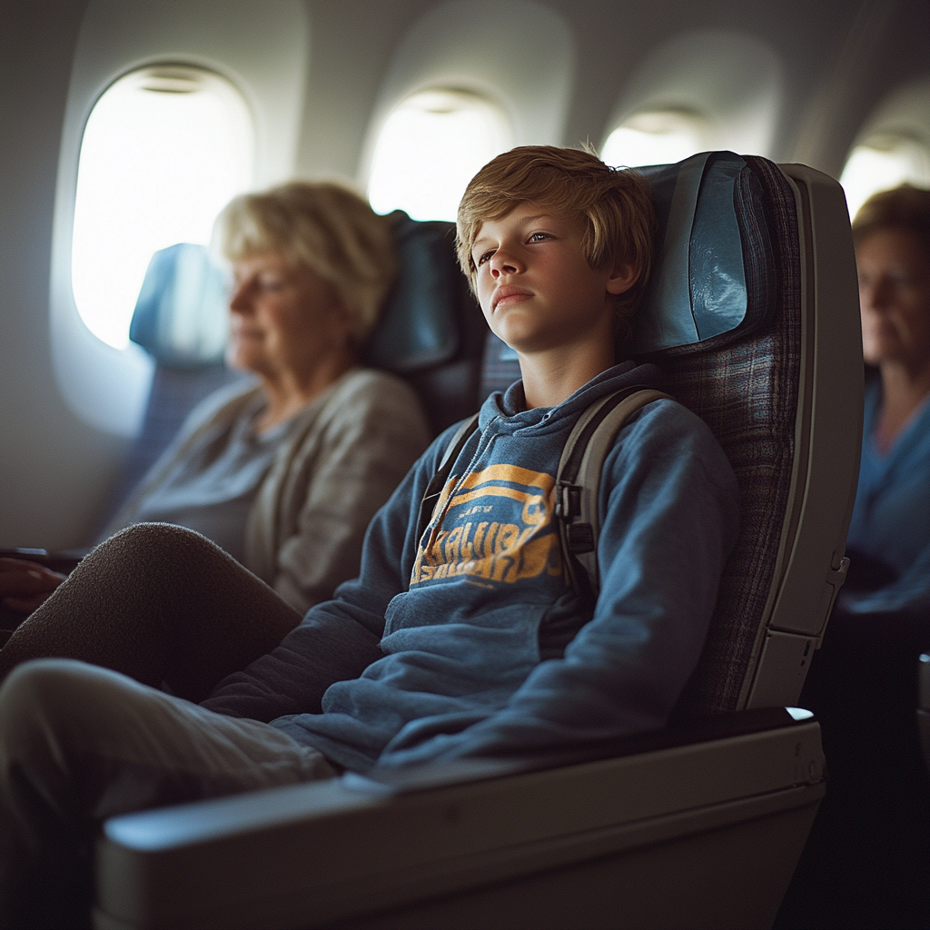 Un adolescent dont les genoux se relèvent alors qu'il est assis dans un avion | Source : Midjourney