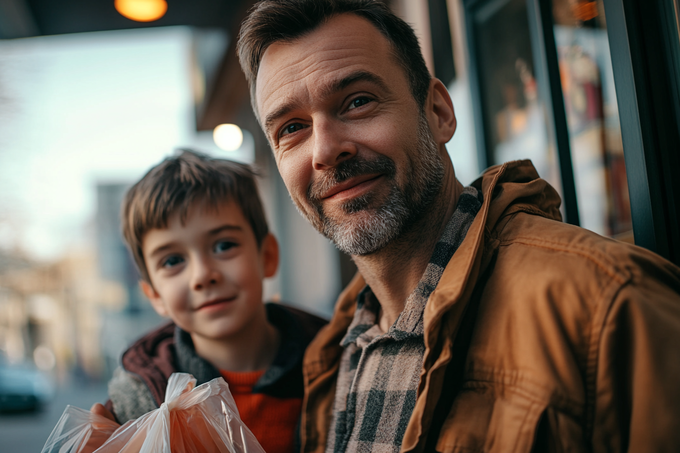 Un homme et son fils quittant un magasin | Source : Midjourney