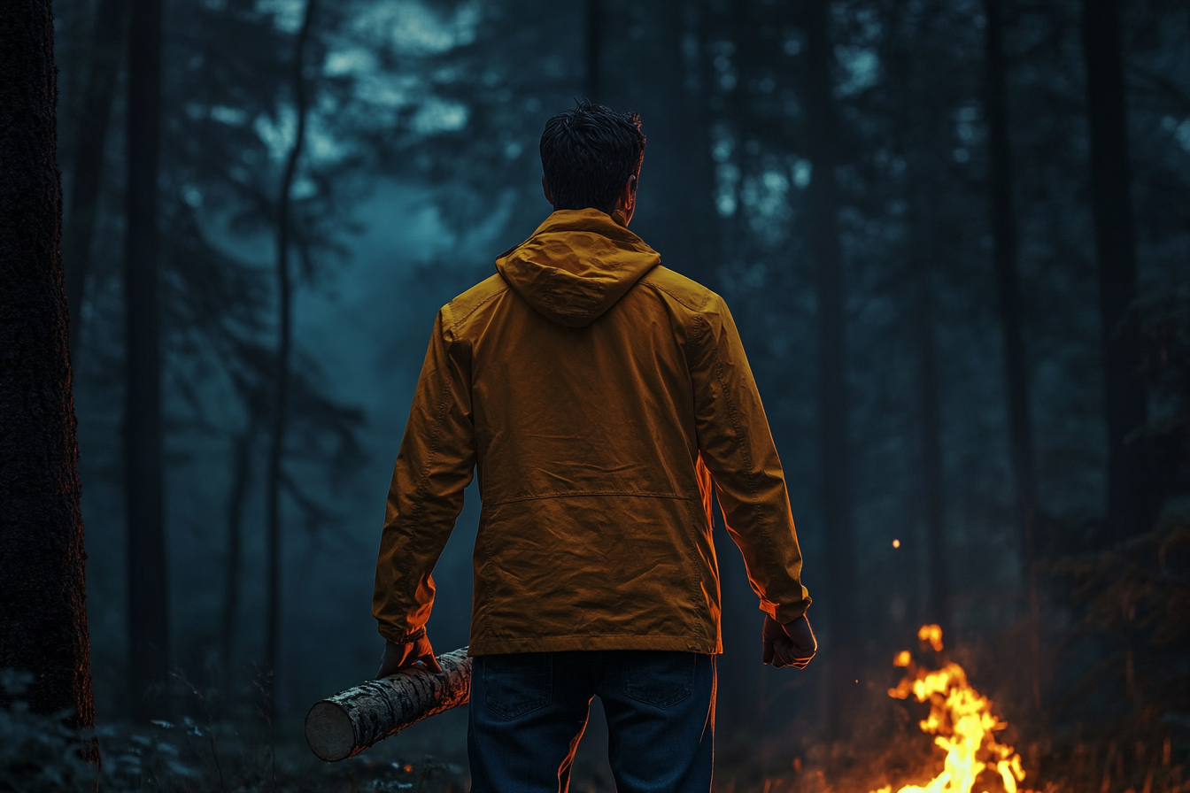 Un homme tenant une bûche face à une forêt sombre | Source : Midjourney