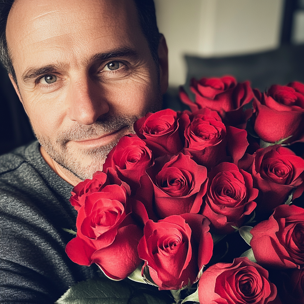 Un homme tenant un bouquet de roses | Source : Midjourney