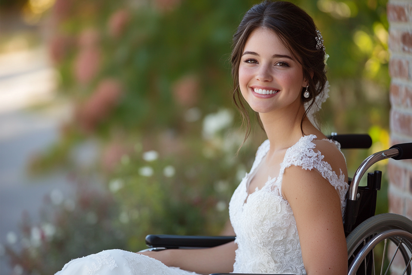 Une mariée souriante en fauteuil roulant | Source : Midjourney