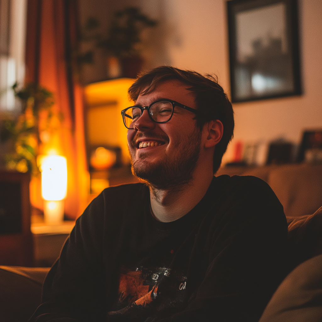 Un homme qui glousse dans son salon | Source : Midjourney