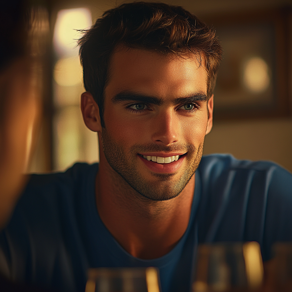 Un homme souriant assis à une table à manger | Source : Midjourney