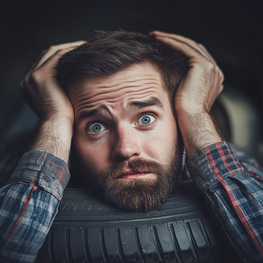 Un homme à l'air inquiet avec un pneu autour du cou | Source : Midjourney