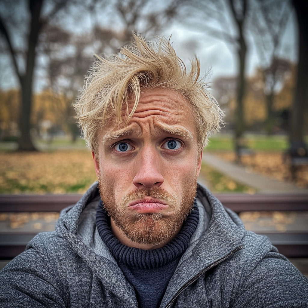 Un homme bouleversé assis sur un banc public | Source : Midjourney