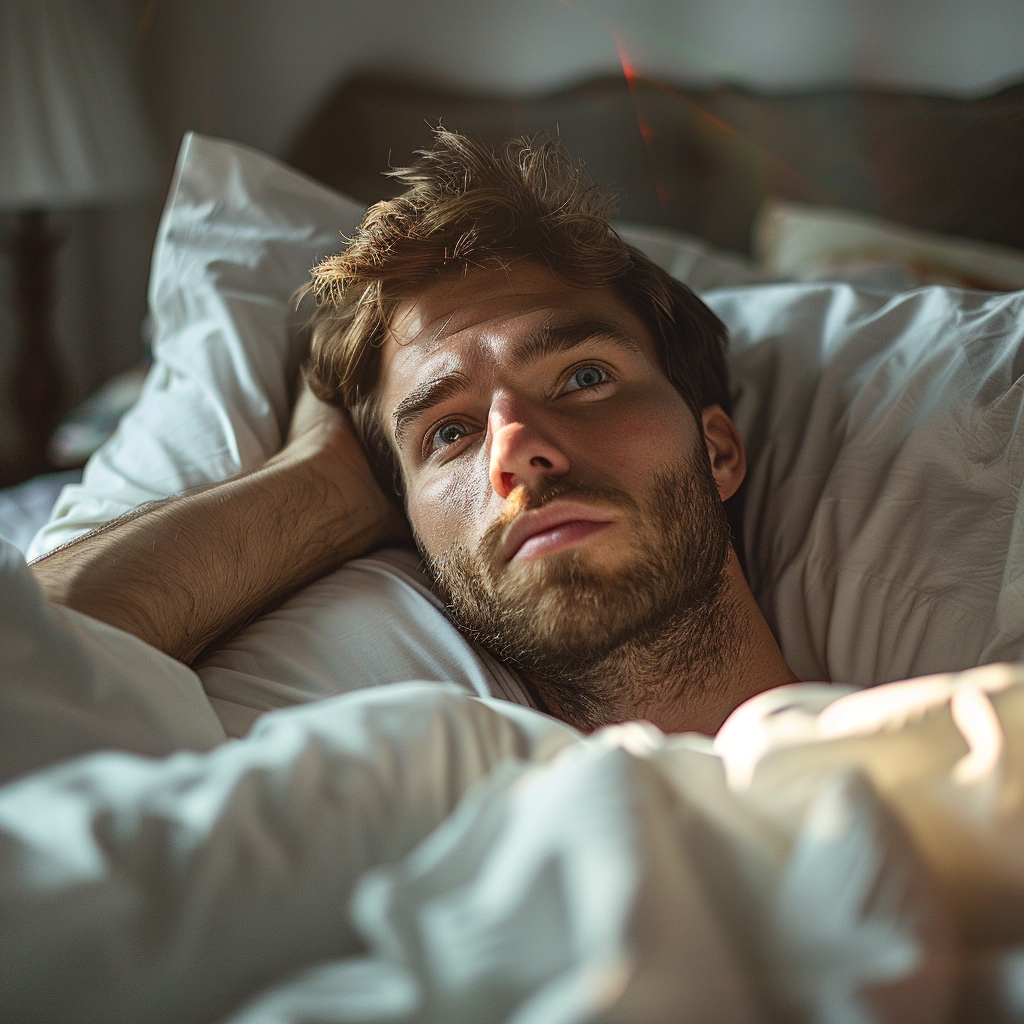 Un homme se sent désorienté dans son lit | Source : Midjourney