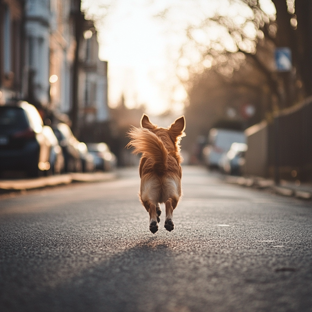 A dog running down a street | Source: Midjourney