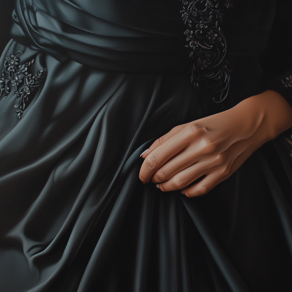 Une femme qui touche sa robe noire | Source : Midjourney