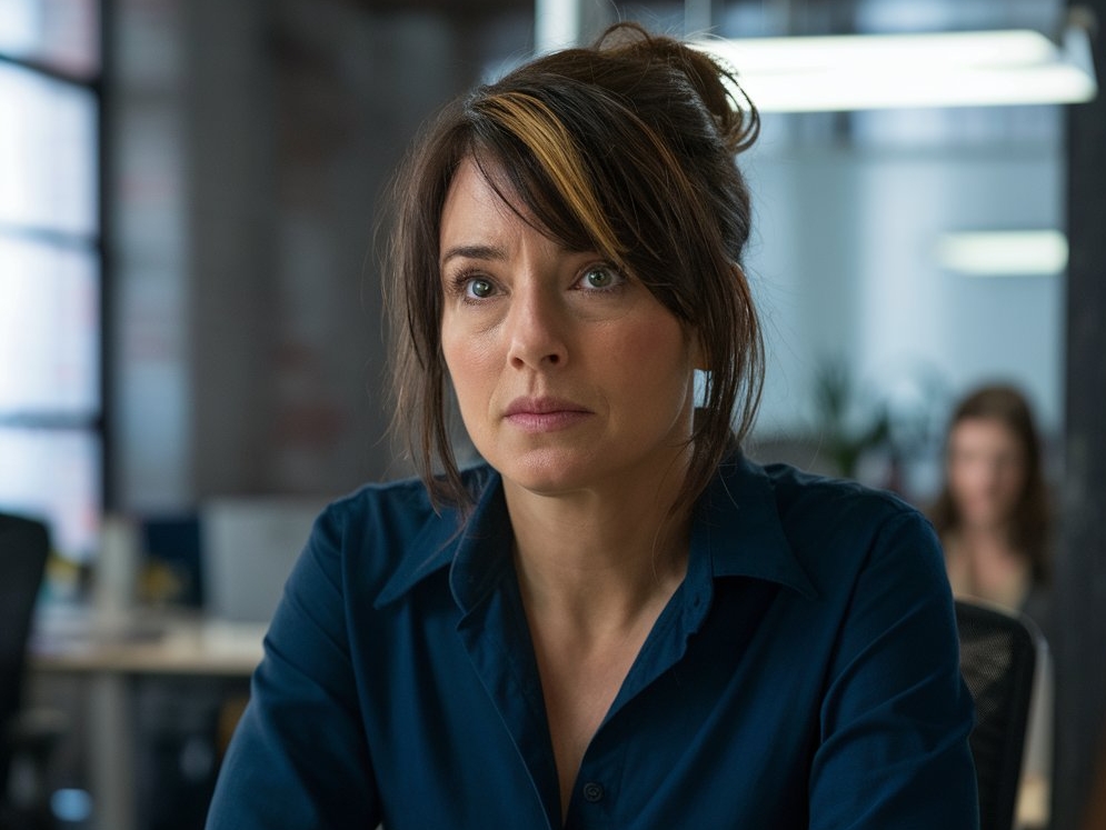 Une femme à l'air fatigué à un poste de travail de bureau | Source : Midjourney