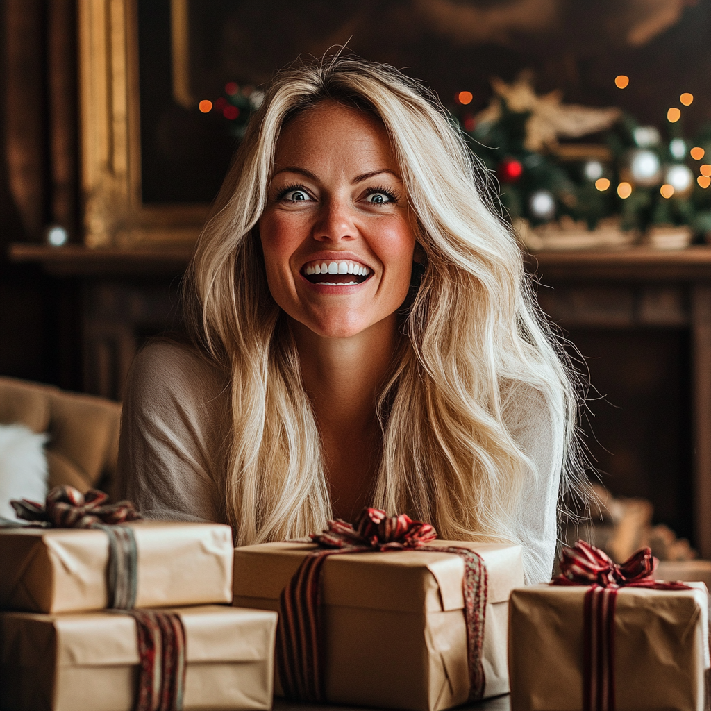 Une femme joyeuse avec une pile de paquets cadeaux | Source : Midjourney