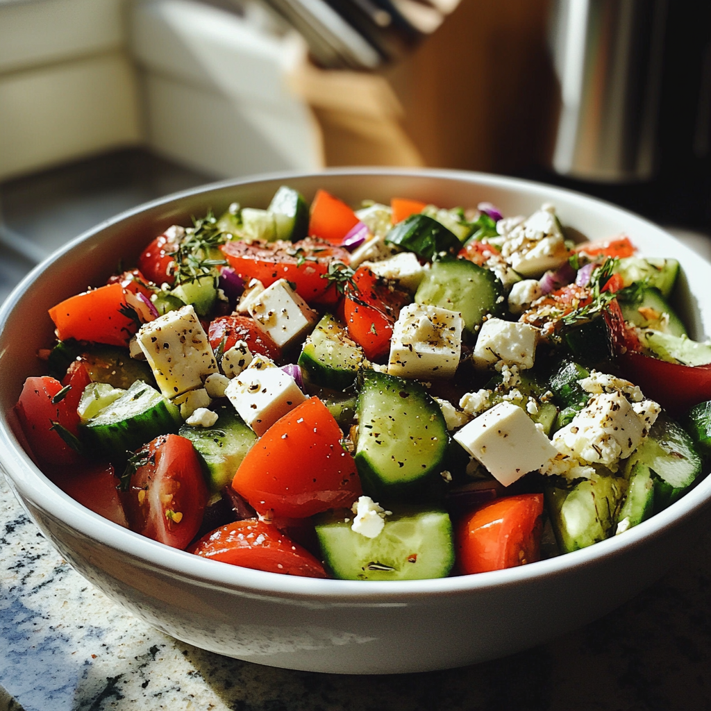 Une salade grecque sur un comptoir de cuisine | Source : Midjourney