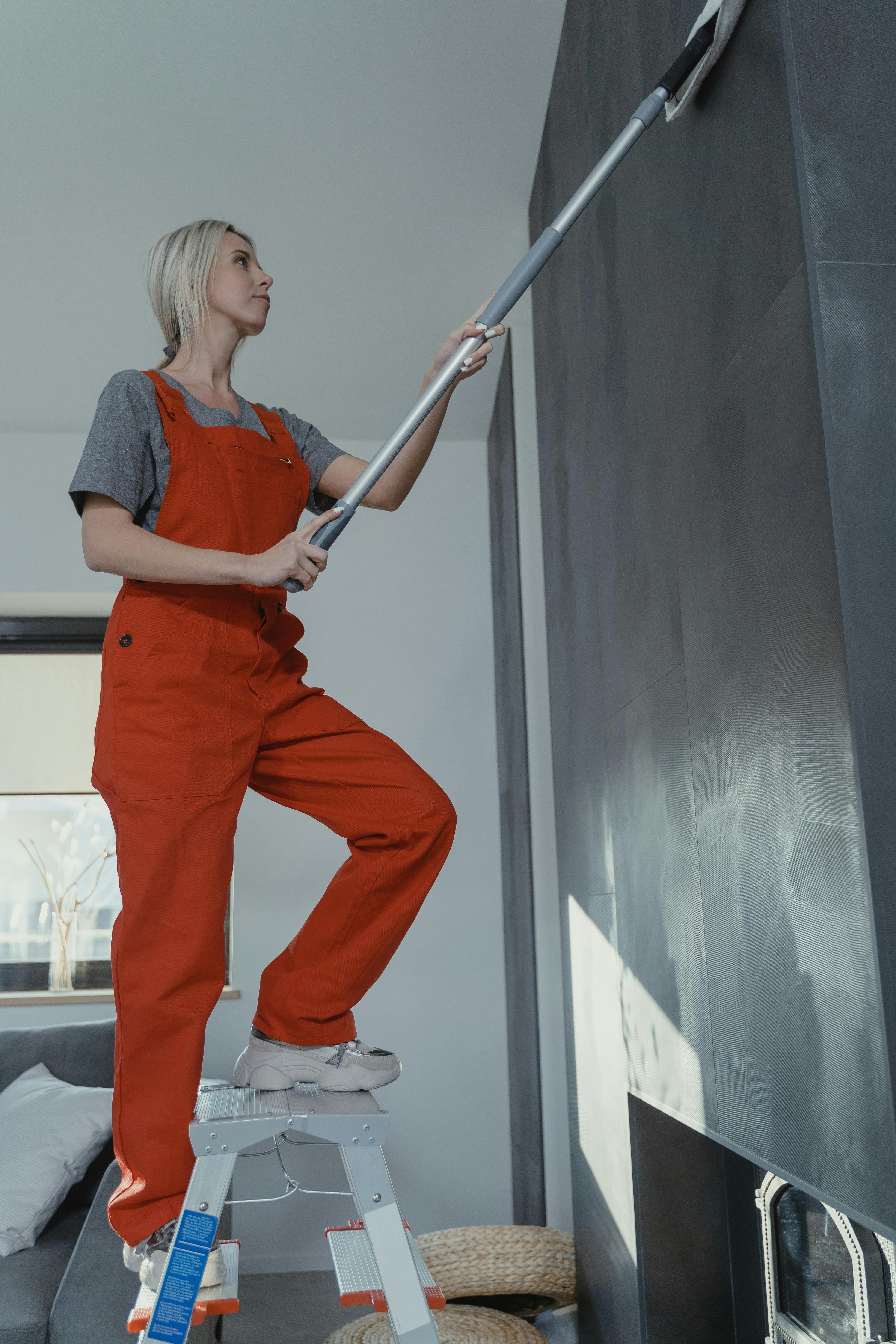 Femme essuyant le mur tout en étant debout sur une échelle | Source : Pexels