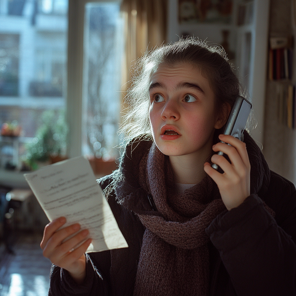 Une jeune femme choquée tenant une lettre tout en appelant la police | Source : Midjourney