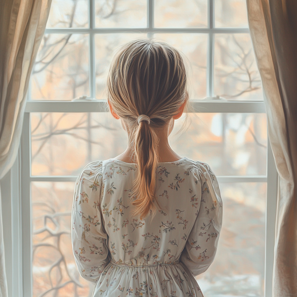 Une petite fille debout près d'une fenêtre | Source : Midjourney