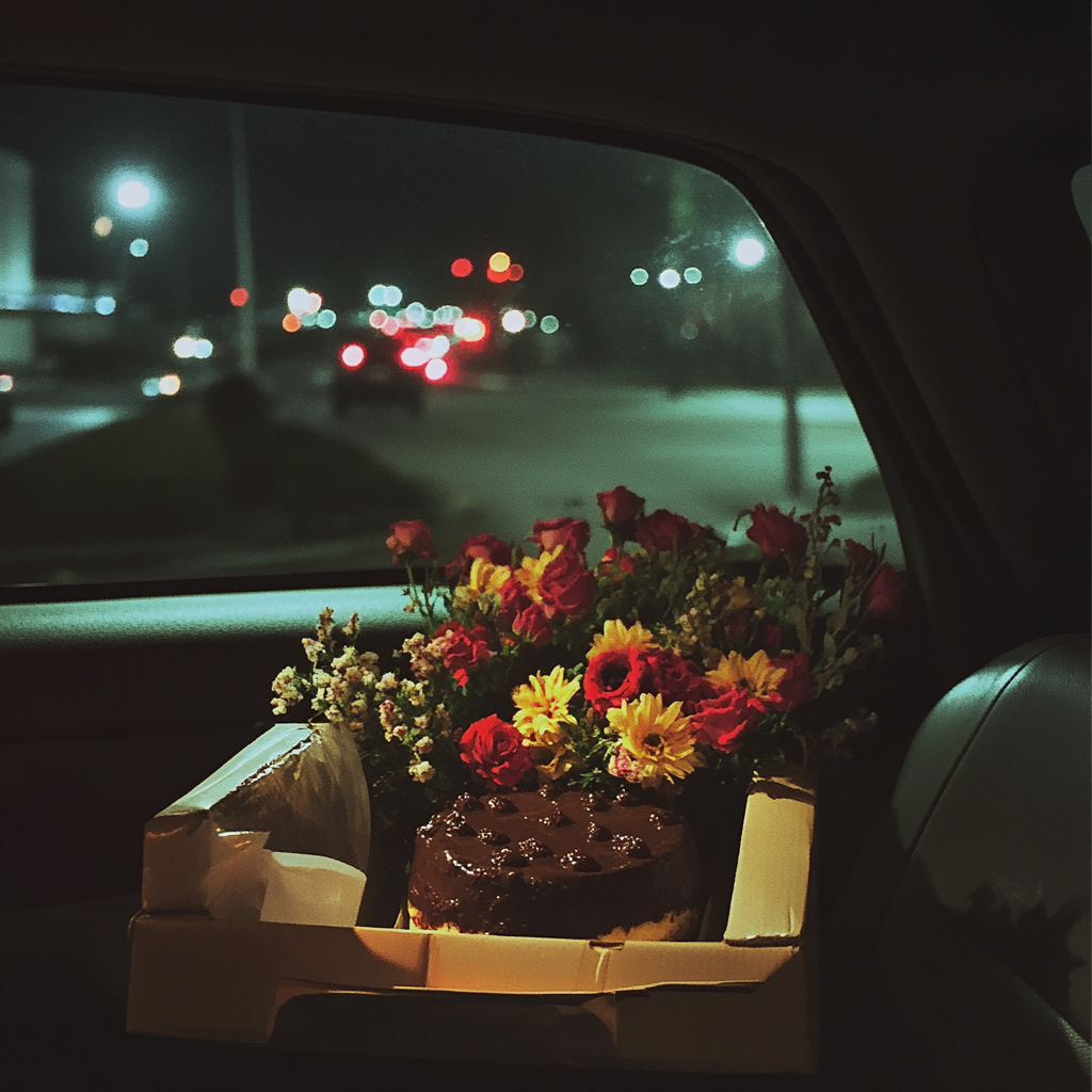 Un bouquet de fleurs et un gâteau au chocolat dans une voiture | Source : Midjourney