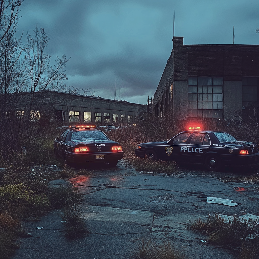 Voitures de police devant un bâtiment abandonné | Source : Midjourney