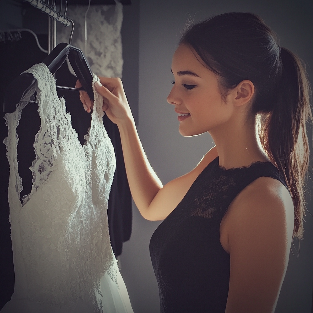 Une vendeuse tenant une robe de mariée | Source : Midjourney