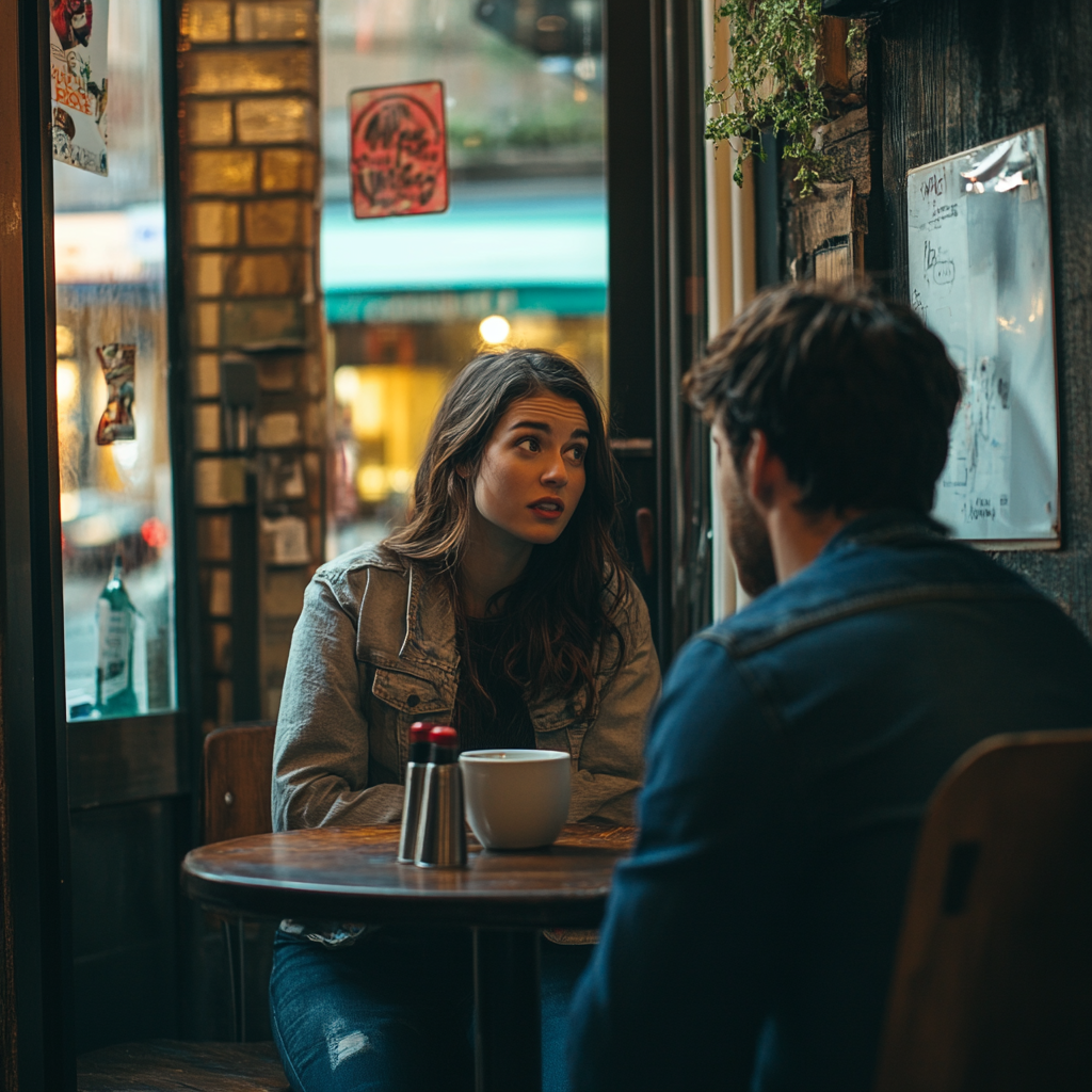 Une femme qui parle à son petit ami dans un café | Source : Midjourney