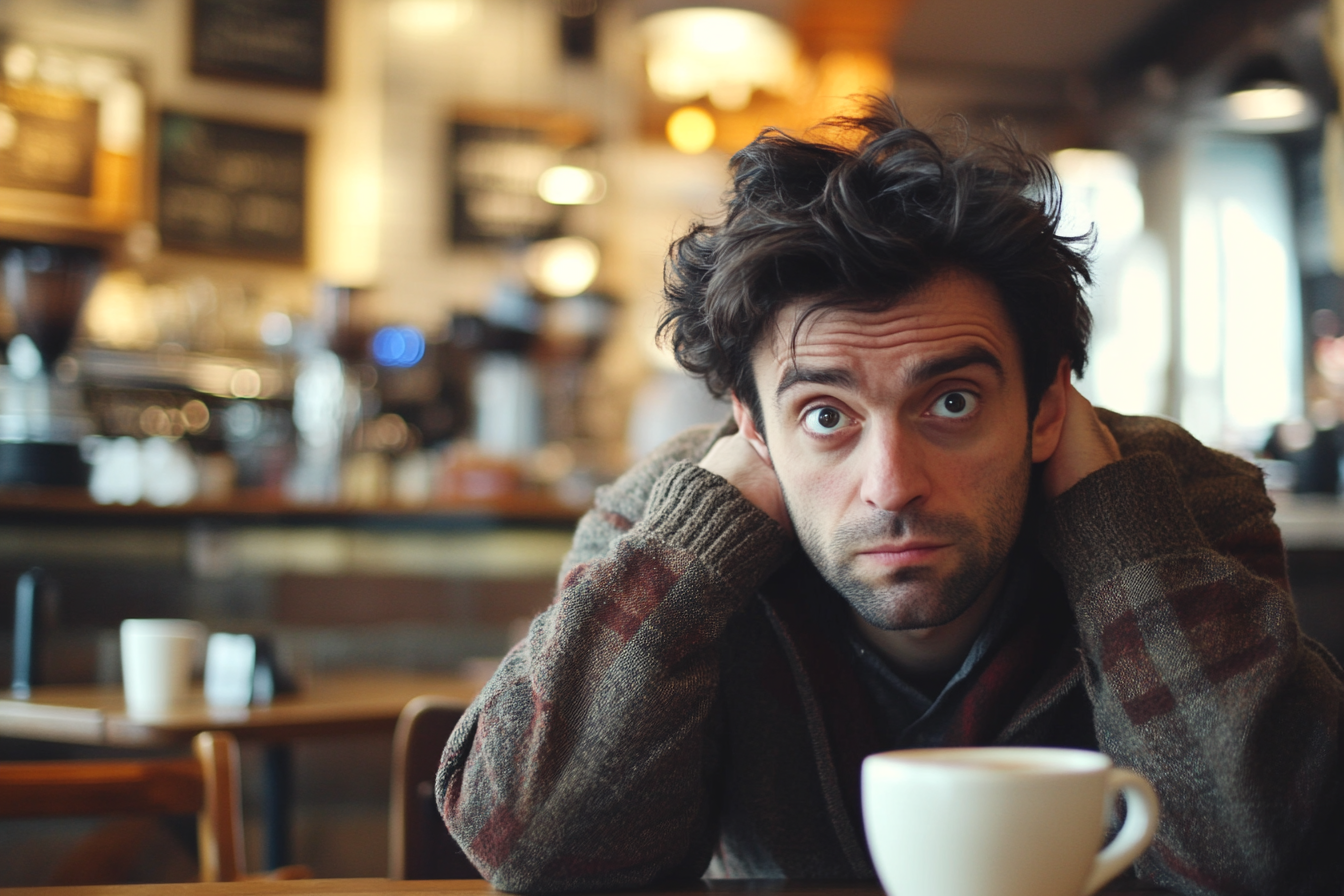 Un homme sérieux dans un café | Source : Midjourney