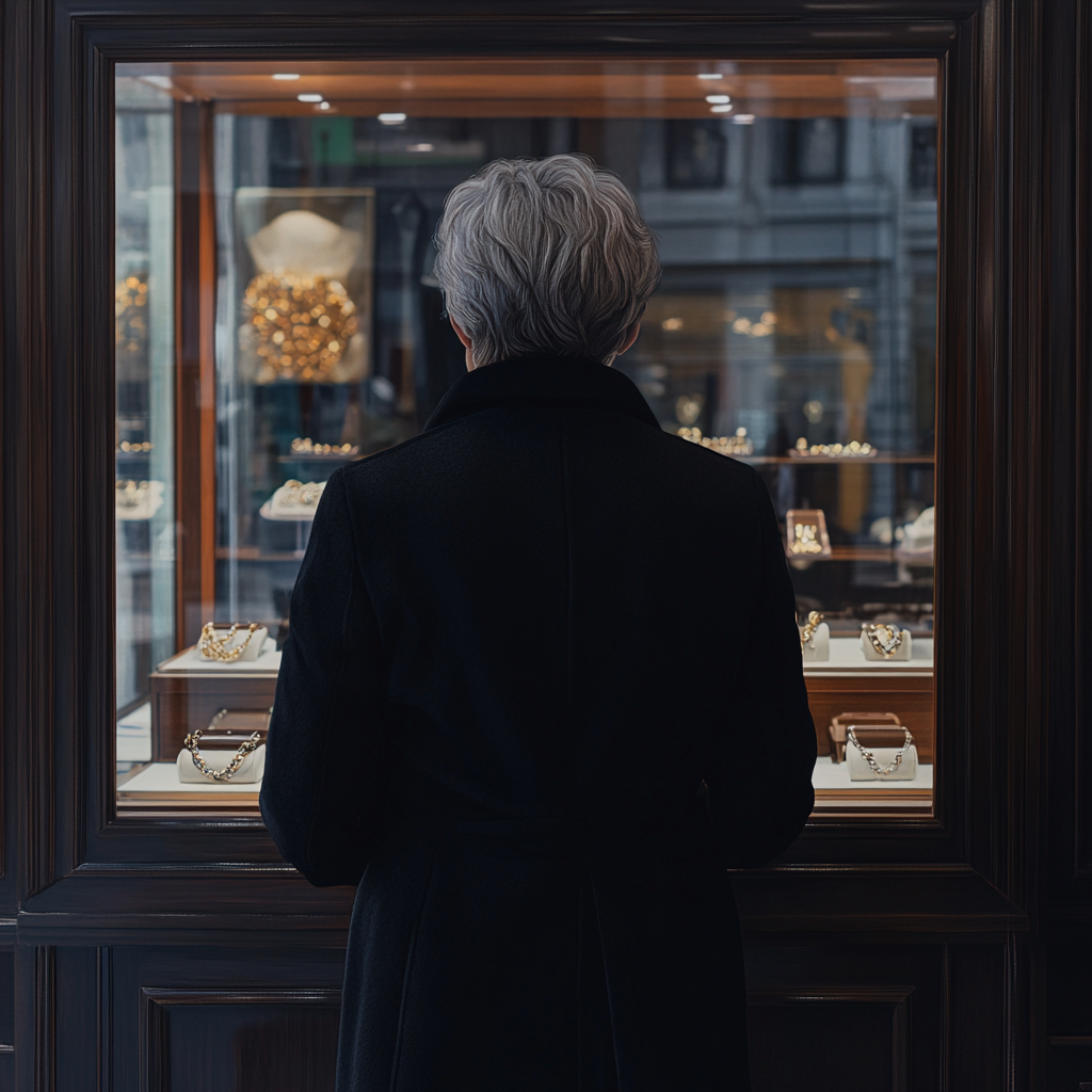 Une femme regardant la vitrine d'une bijouterie | Source : Midjourney