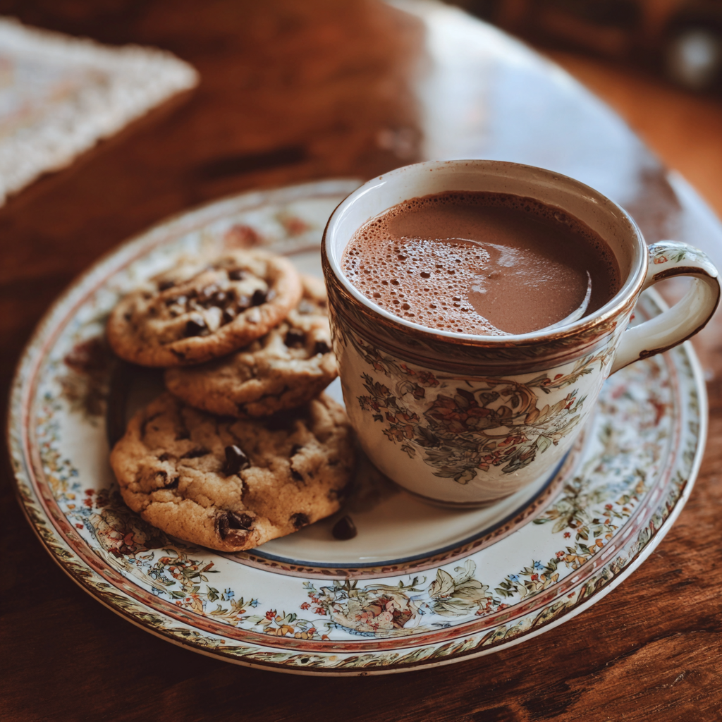 Une tasse de cacao chaud et des biscuits sur une table | Source : Midjourney