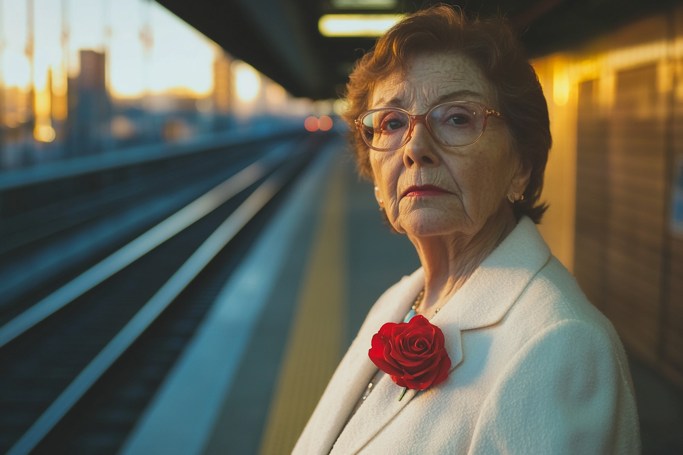 Une femme âgée qui attend dans une gare et qui porte une veste blanche avec une rose rouge sur le revers | Source : Midjourney