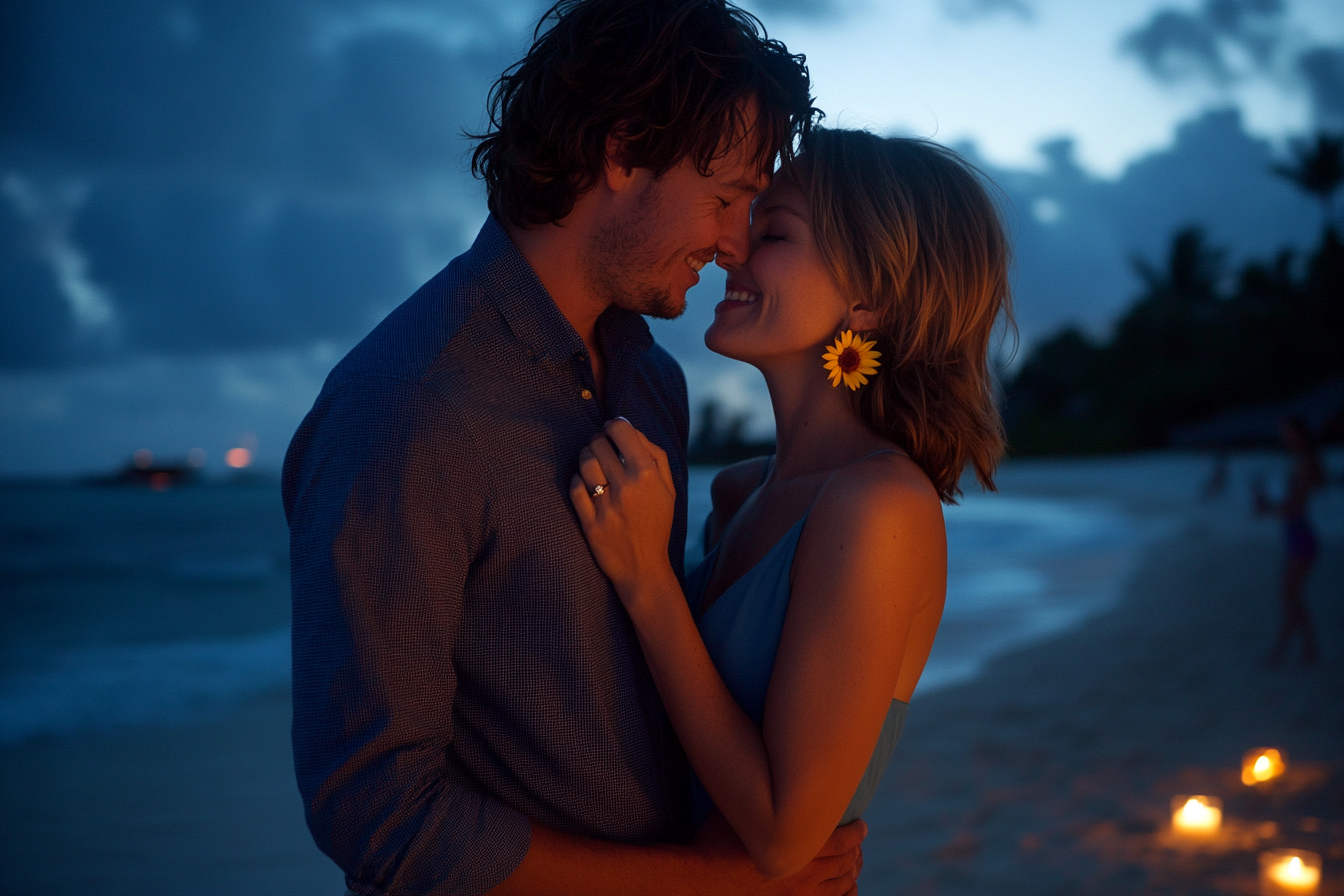 Couple souriant et se serrant dans les bras à la plage, la nuit, alors qu'il vient de se fiancer | Source : Midjourney