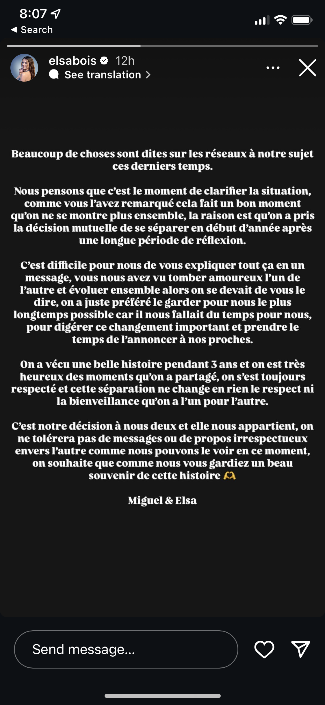 Story d’Elsa Bois sur sa rupture avec Michou | Source : capture Instagram