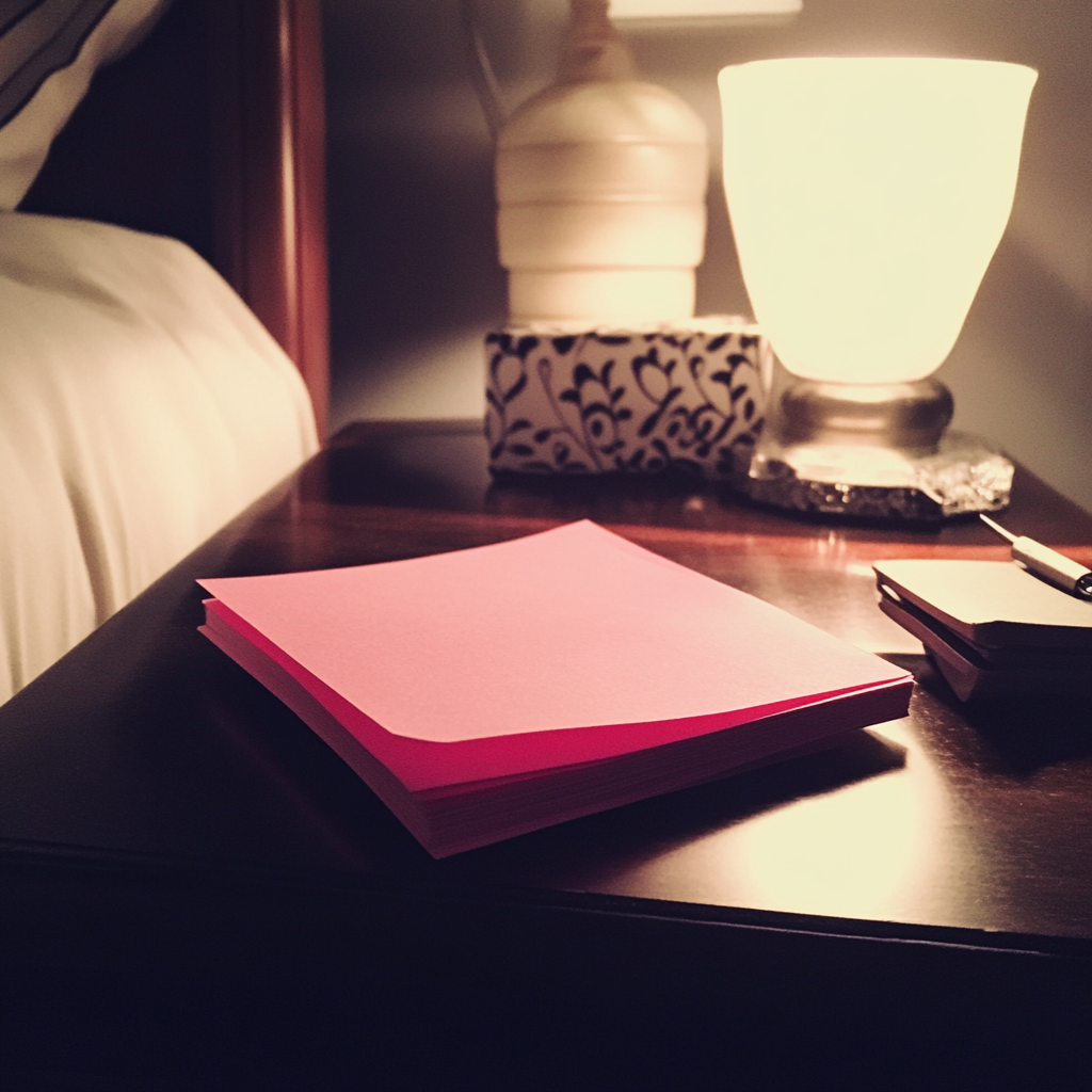 Un bloc de Post-it rose sur une table de nuit | Source : Midjourney