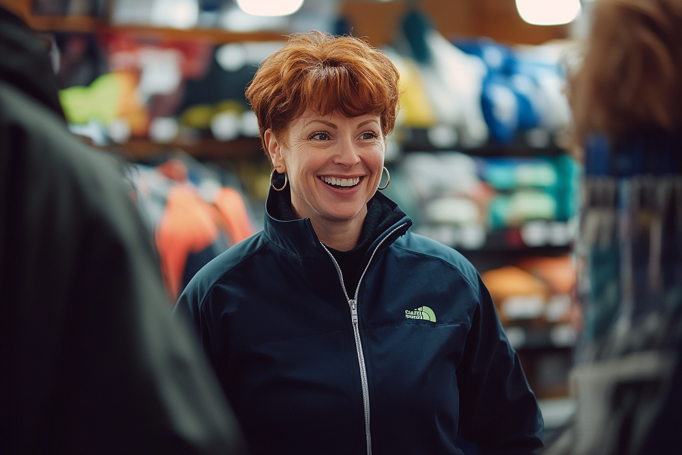 Woman in her thirties working in a sporting goods store while wearing winter clothes | Source: Midjourney