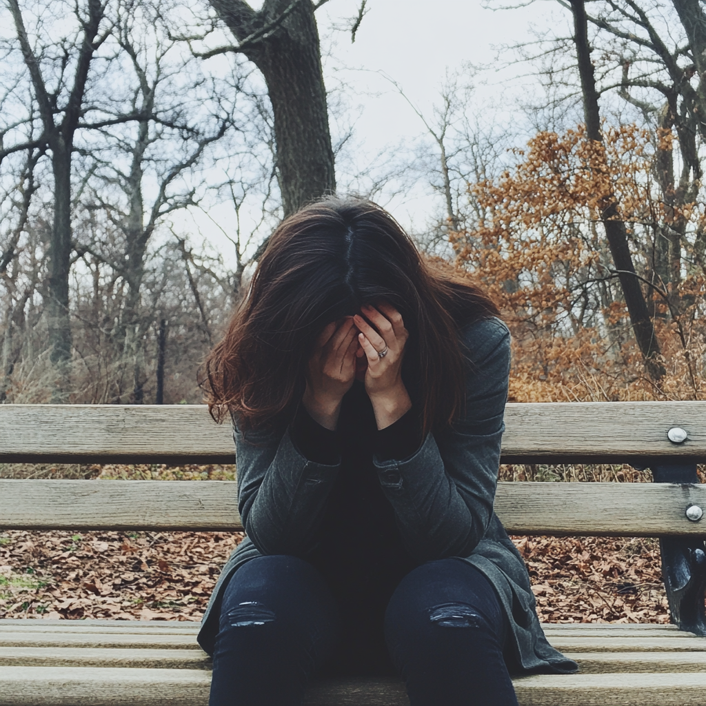 Une femme assise sur un banc et qui pleure | Source : Midjourney