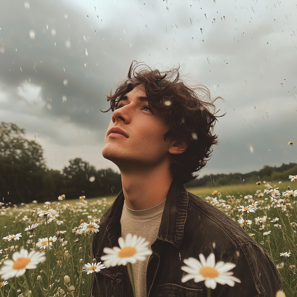 Un jeune homme debout sous la pluie | Source : Midjourney