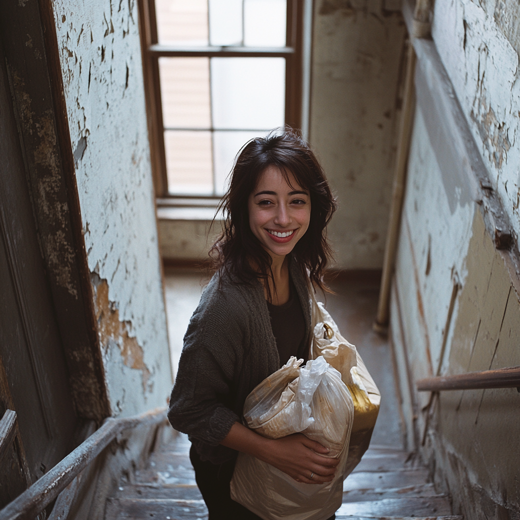 Une femme heureuse qui marche à l'étage | Source : Midjourney