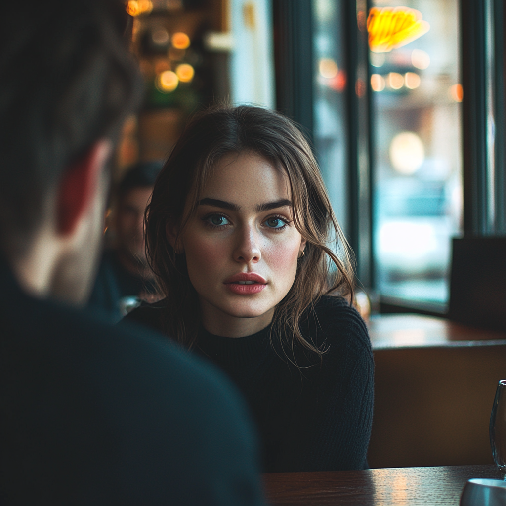 Une femme sérieuse qui parle à un homme dans un café | Source : Midjourney