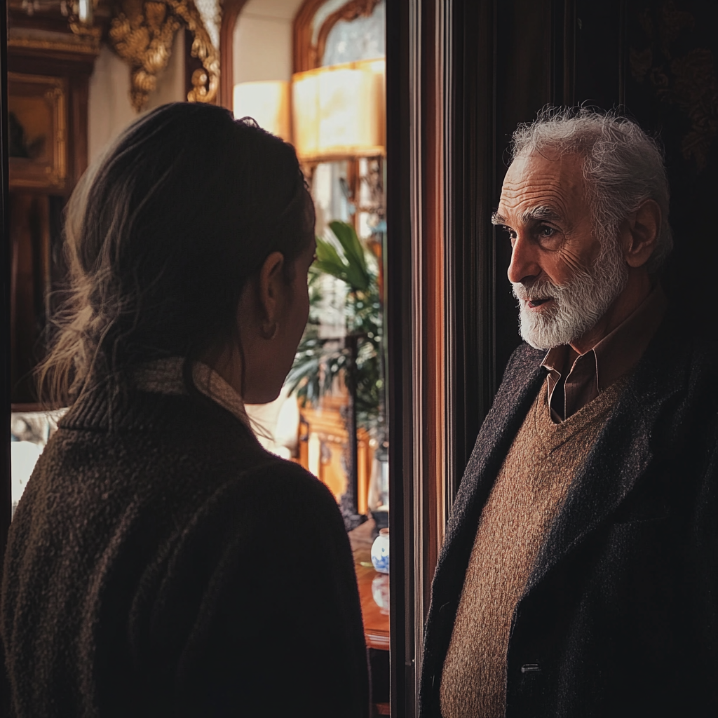 Un homme âgé et une jeune femme en pleine conversation | Source : Midjourney