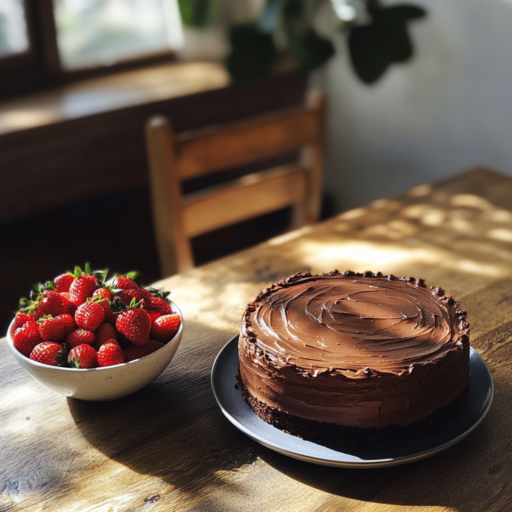 Un gâteau à la mousse au chocolat et un bol de fraises sur une table | Source : Midjourney