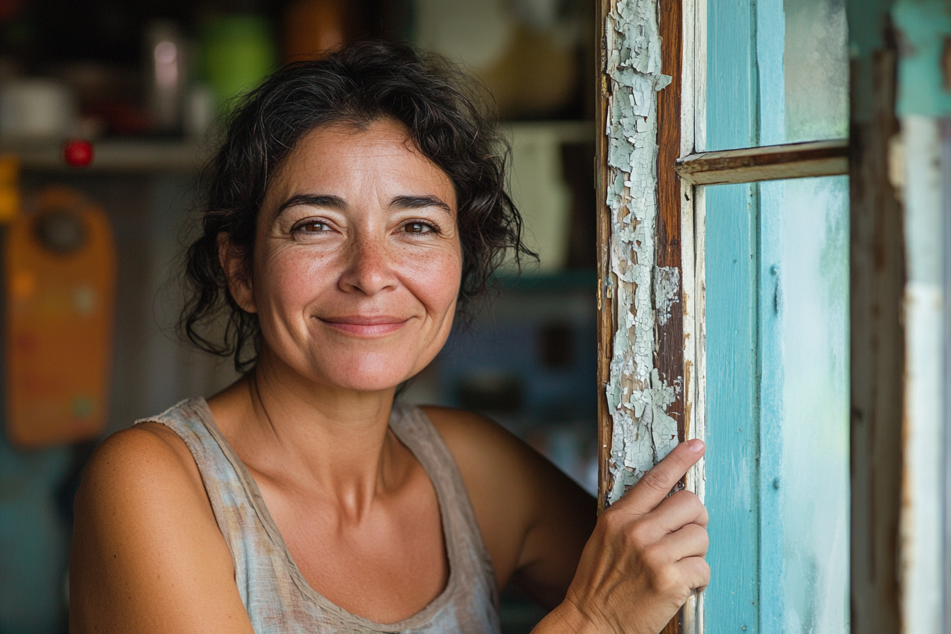 Une femme sourit fièrement en se tenant à côté d'un cadre de fenêtre à la peinture écaillée | Source : Midjourney