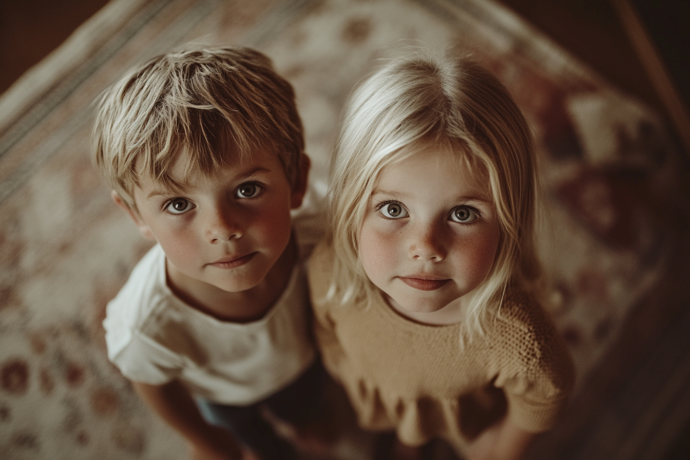 Un petit garçon et une petite fille, des jumeaux, qui lèvent les yeux avec des expressions curieuses dans un salon | Source : Midjourney