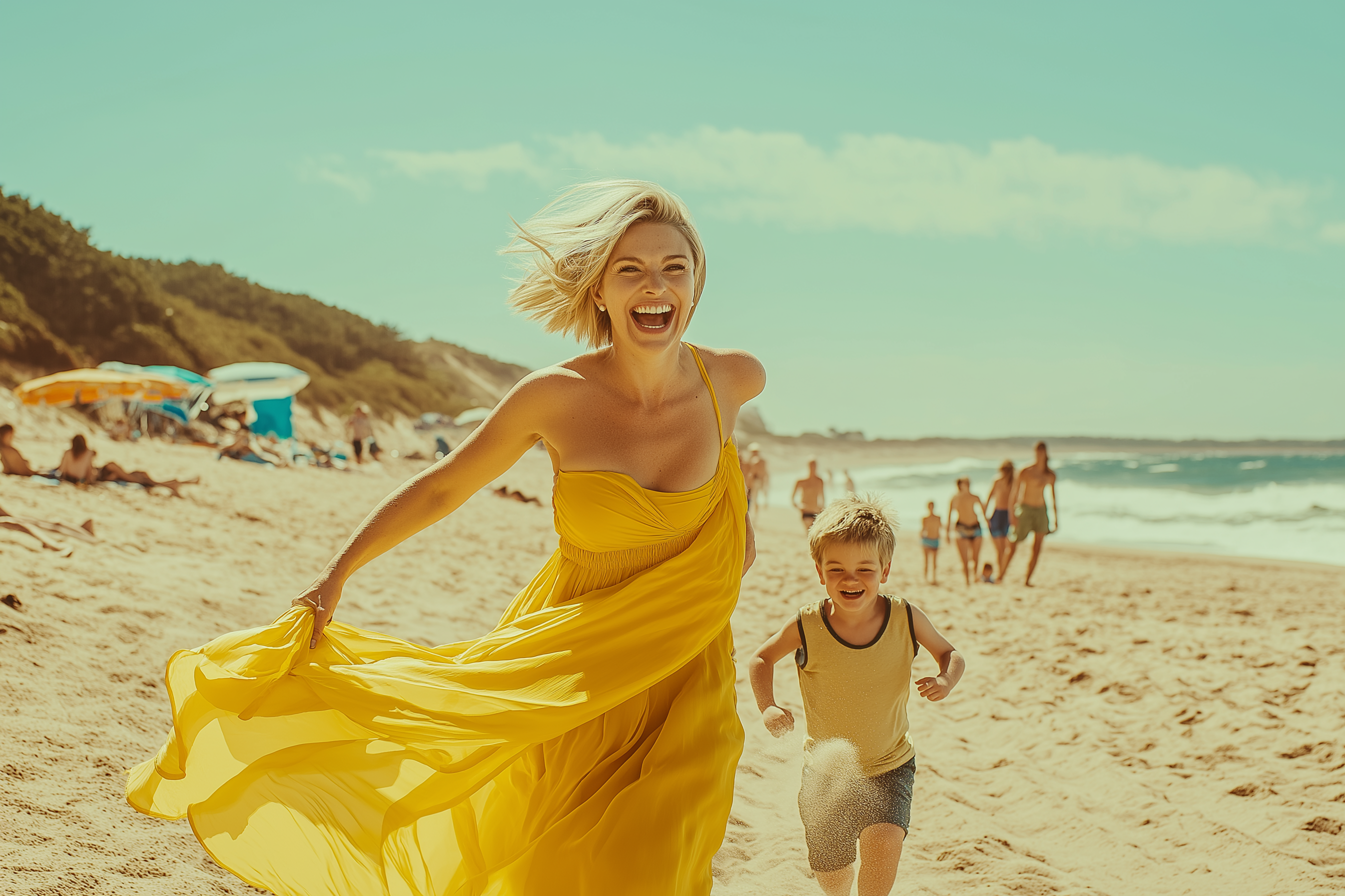 Une mère et son fils qui courent à la plage | Source : Midjourney