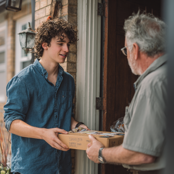 Un jeune homme donnant à un homme plus âgé une boîte de gâteaux | Source : Midjourney