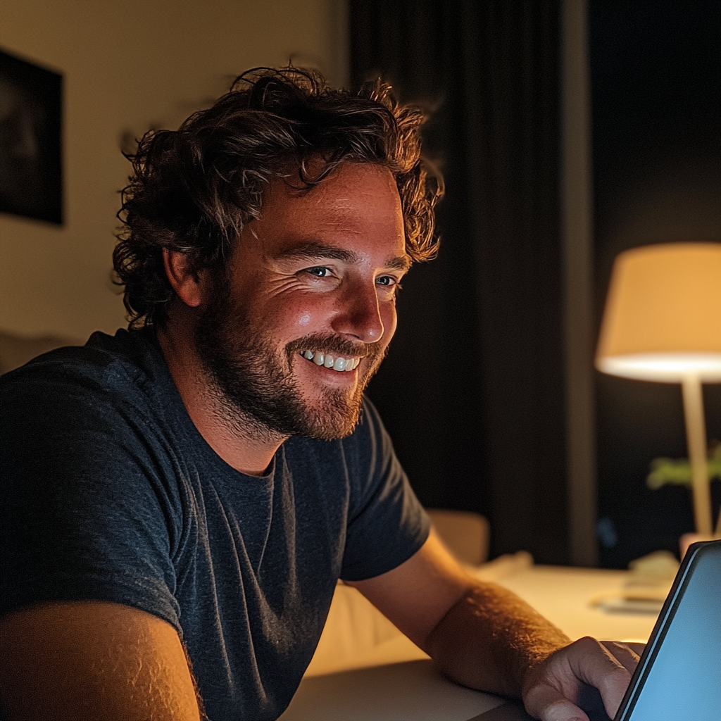 Un homme souriant assis à une table | Source : Midjourney