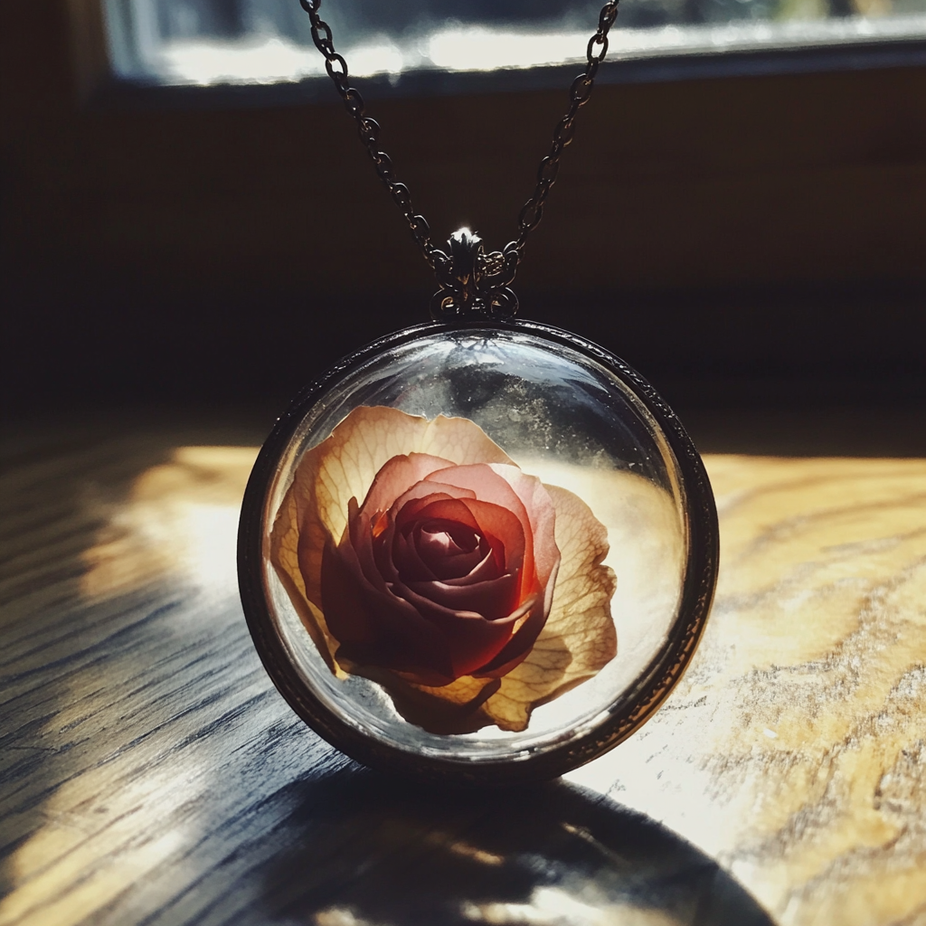 Une fleur pressée dans un médaillon en verre | Source : Midjourney
