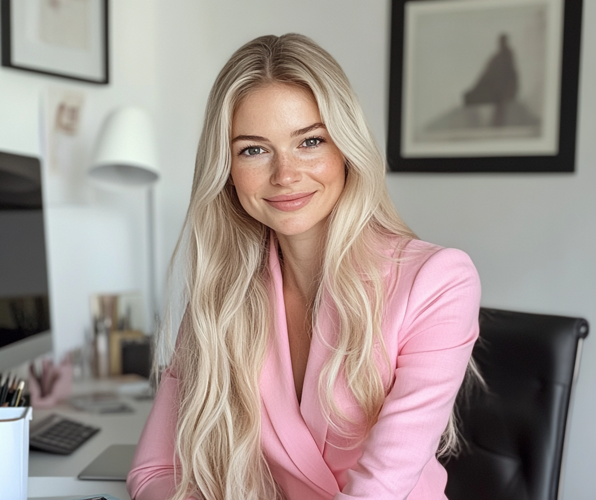 Une femme souriante portant un costume rose | Source : Midjourney