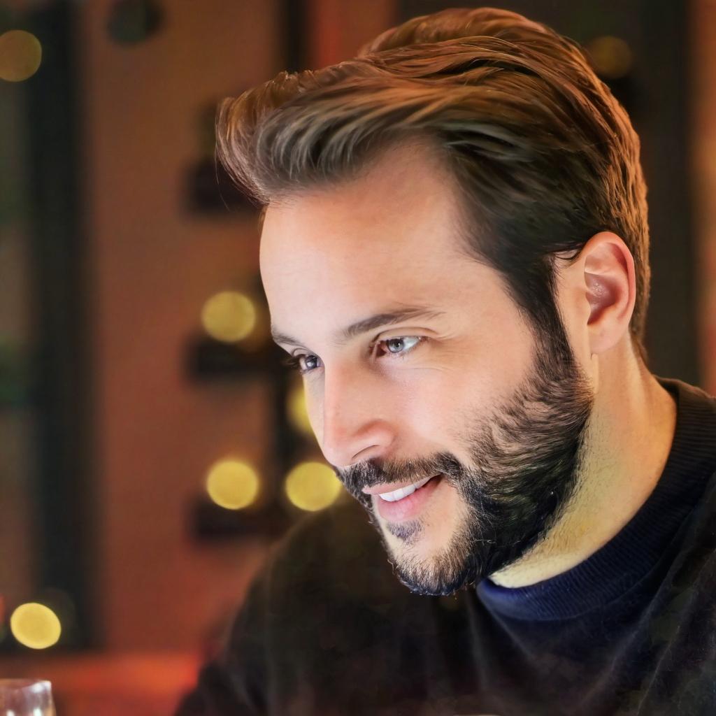 Un homme à la table d'un restaurant, souriant | Source : Midjourney