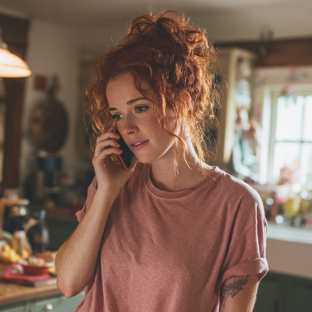Une femme pensive qui parle au téléphone | Source : Midjourney