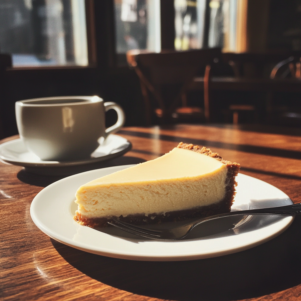 Une tranche de gâteau au fromage sur une table | Source : Midjourney