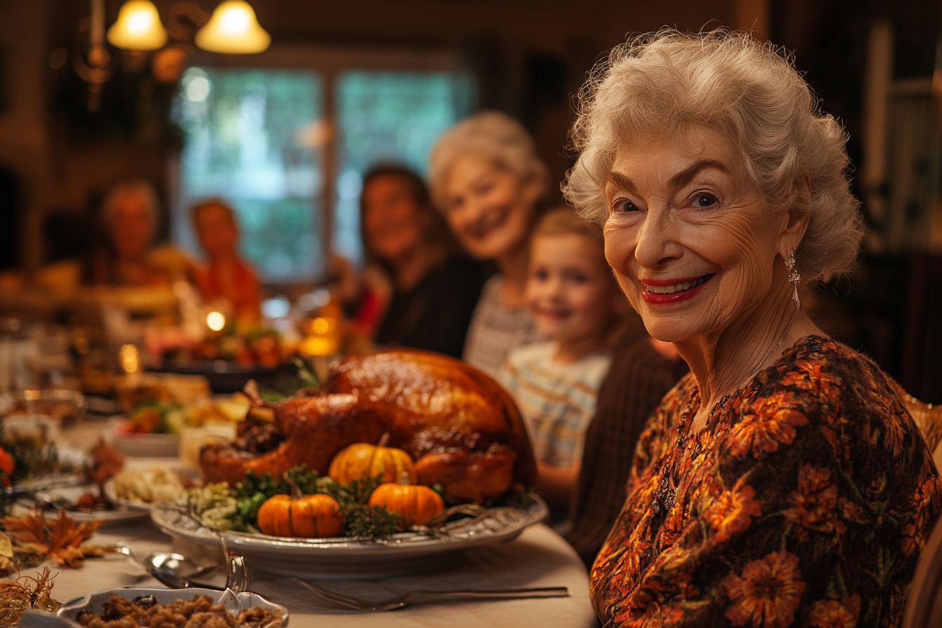 Une femme assise à une table à l'occasion de Thanksgiving | Source : Midjourney