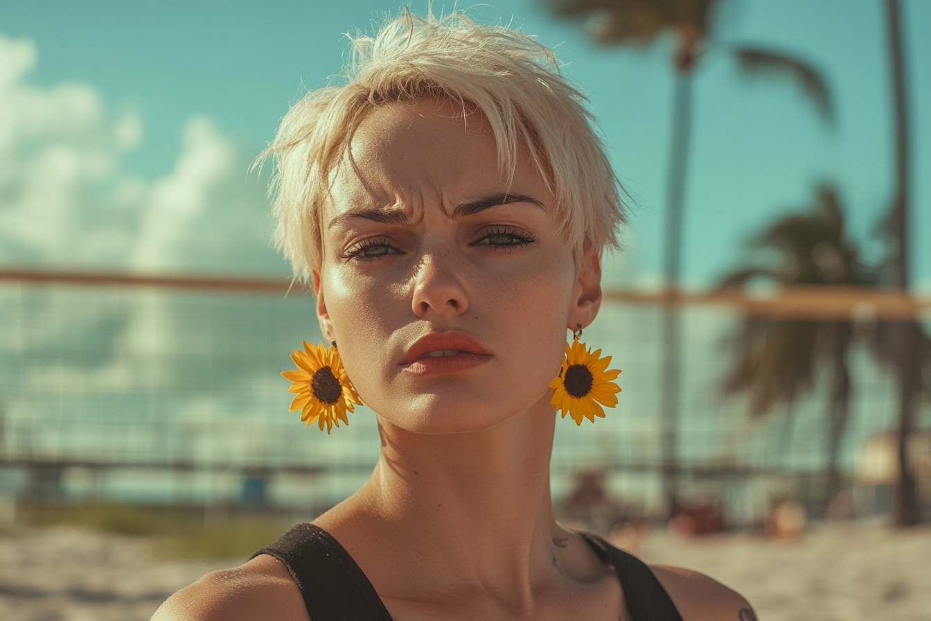 Femme d'une trentaine d'années sur un terrain de beach-volley, l'air triste | Source : Midjourney