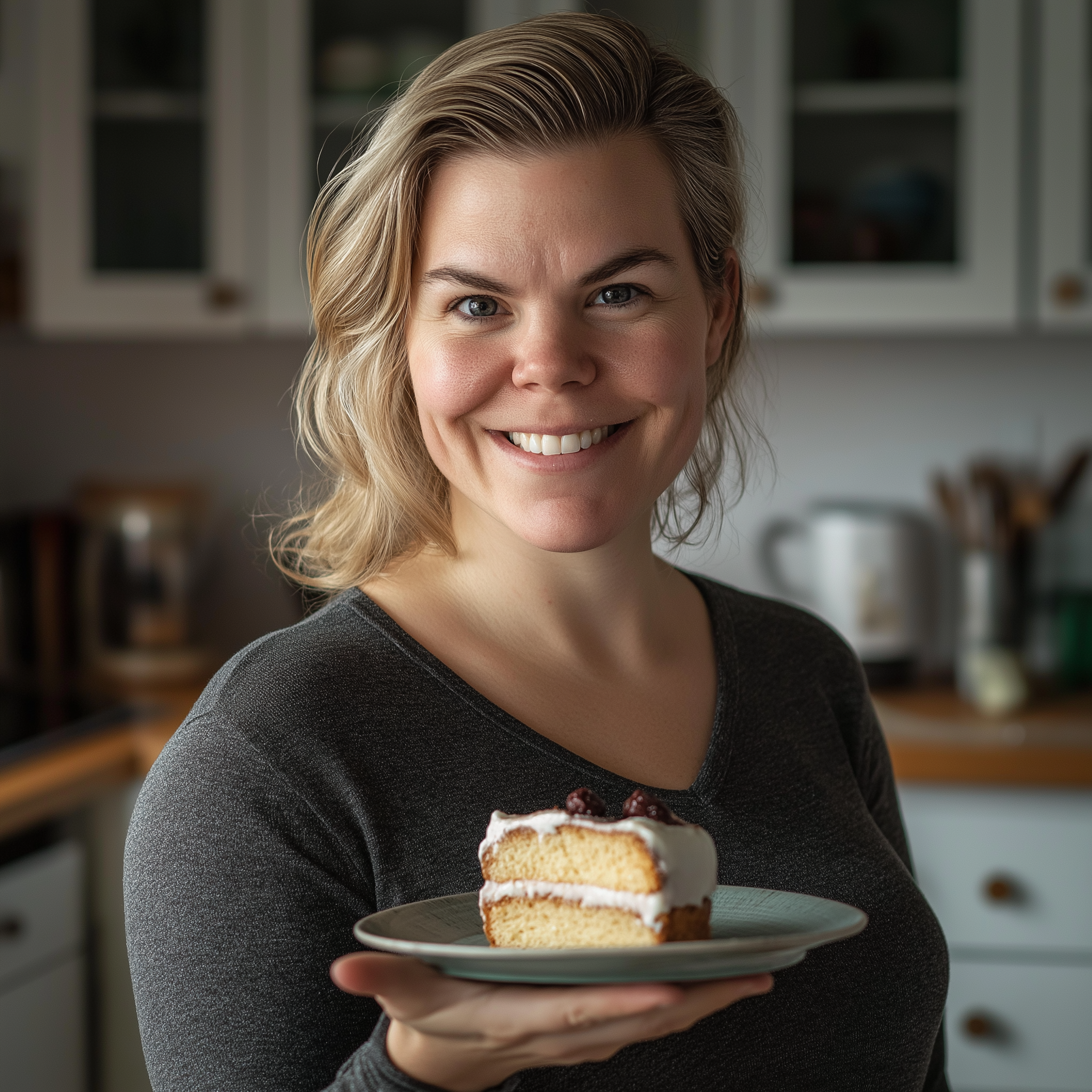 Une femme sourit en tenant une part de gâteau | Source : Midjourney