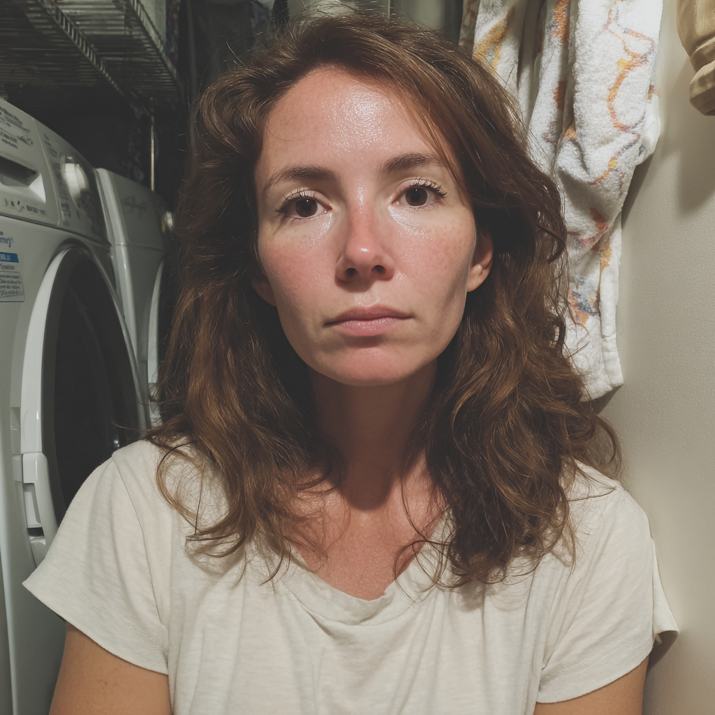 Une femme épuisée debout dans une buanderie | Source : Midjourney